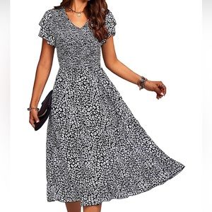 Black and white smocked bodice midi dress